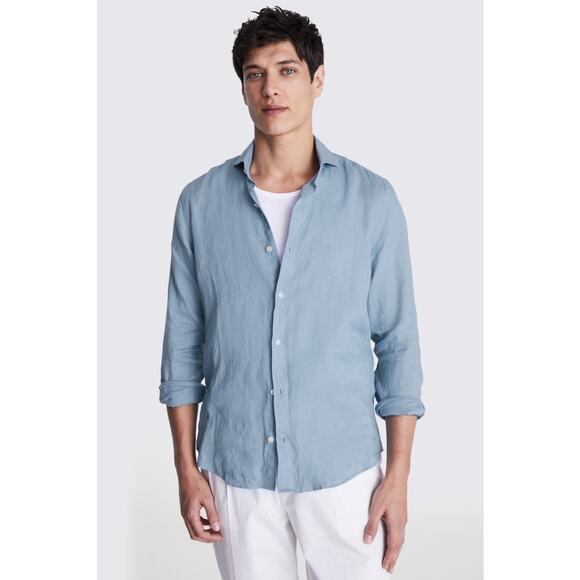 Moss Bros Blue Linen Button Down Shirt sz L - Picture 1 of 7